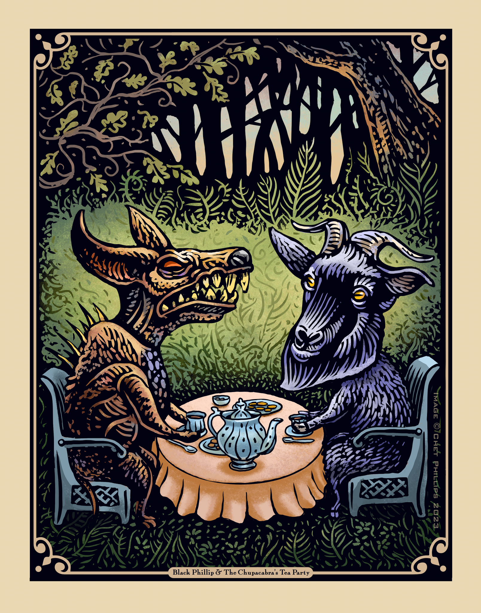 Black Phillip and the Chupacabra's Tea Party- 11 x 14 signed print