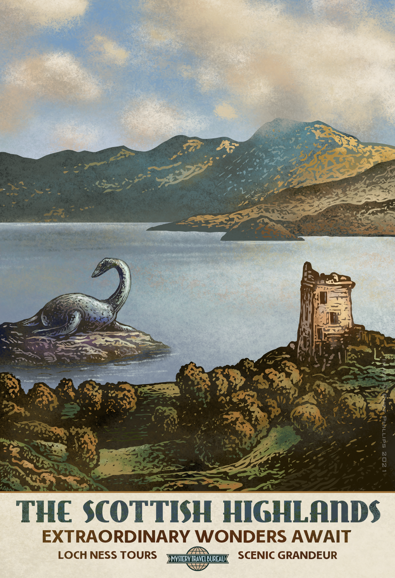 Scottish Highlands/Loch Ness- 13" x 19" signed print- Mystery Travel Bureau series
